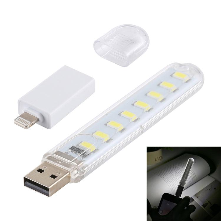 Luz LED portátil de noche para libros, 8 LED, 5 V, 200 LM, USB, con adaptador de 8 pines