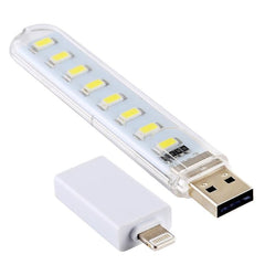 Luz LED portátil de noche para libros, 8 LED, 5 V, 200 LM, USB, con adaptador de 8 pines