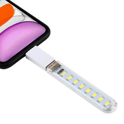 Compact USB LED Light for Evening Reading at Home plugged into smartphone USB port, portable bedside reading lamp for night use