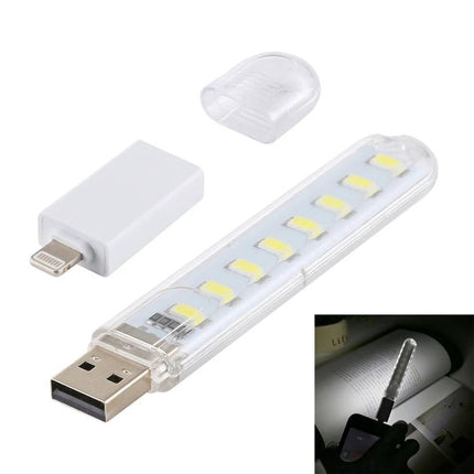 Compact USB LED Light for Evening Reading at Home - portable USB stick lamp with 6 LEDs, clear cover and adapter for bedside reading, laptop or power bank