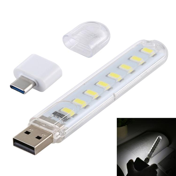 Luz LED portátil de noche para libros, 8 LED, 5 V, 200 LM, USB, con adaptador tipo C