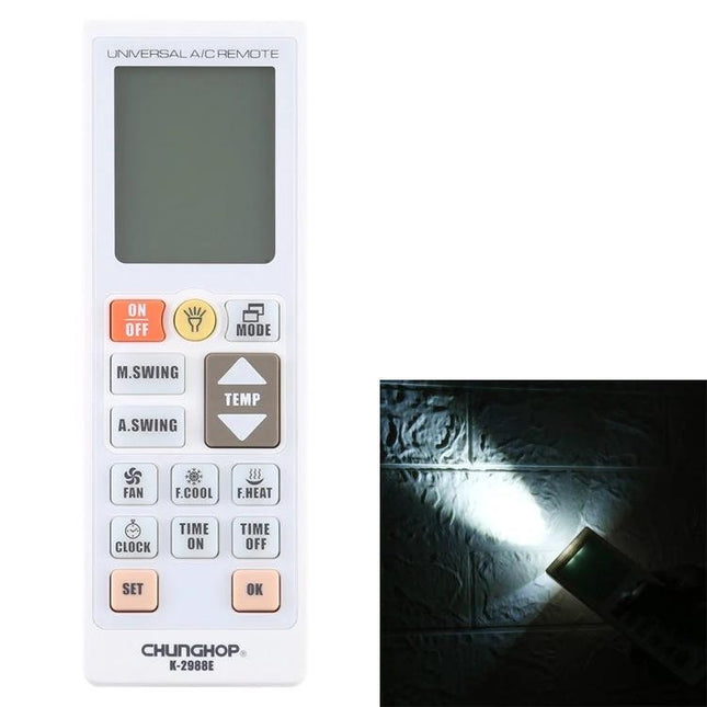 Chunghop Universal A/C Remote with Built-In Flashlight white universal air conditioner remote showing buttons and flashlight beam