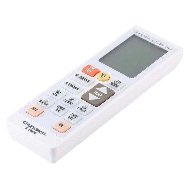 Chunghop Universal A/C Remote with Built-In Flashlight angled view showing buttons and LCD screen