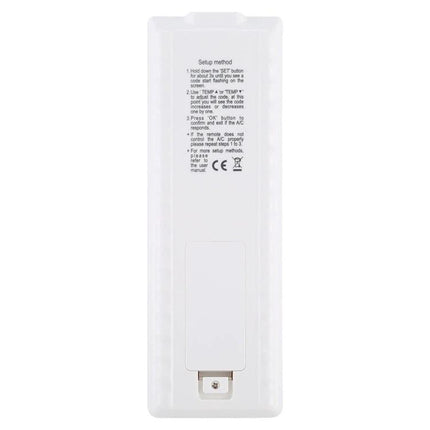 Chunghop Universal A/C Remote with Built-In Flashlight back view showing battery compartment and setup instructions