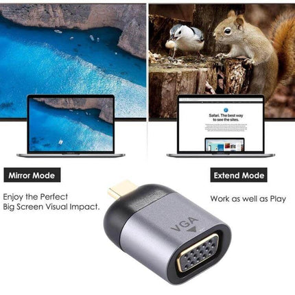 Type-C to VGA Adapter for Connecting Devices to Displays compact USB-C to VGA DB15P female converter showing mirror and extend modes