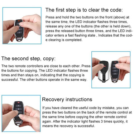 4-Button Wireless Remote Control for Hyundai and KIA Vehicles showing code clear and copy instructions with hands holding key fobs