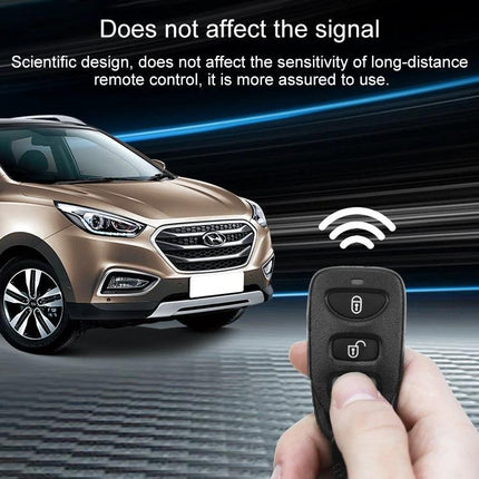 4-Button Wireless Remote Control for Hyundai and KIA Vehicles - compact 433MHz key fob held by hand next to Hyundai SUV, shows signal waves and lock buttons