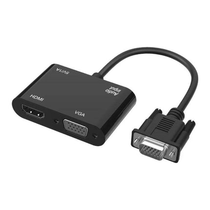 Onten VGA to HDMI Adapter with Audio for Device Connectivity — black VGA to HDMI converter showing VGA plug, HDMI and audio output ports