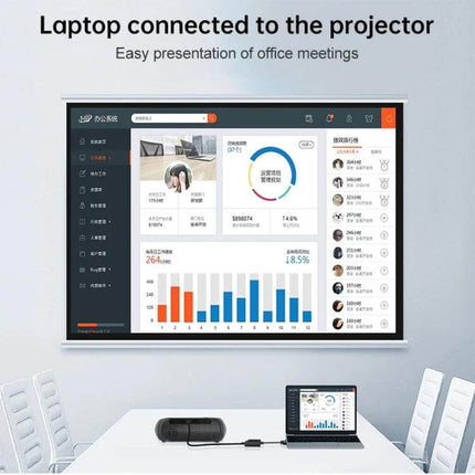 Onten VGA to HDMI Adapter with Audio for Device Connectivity connecting laptop to projector showing presentation and audio transmission
