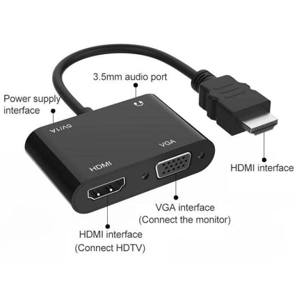 Onten HDMI to HDMI and VGA Adapter for Easy Device Connection - black 3-in-1 HDMI to VGA + audio adapter with HDMI cable and power port