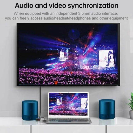 Onten HDMI to HDMI and VGA Adapter for Easy Device Connection showing laptop connected to TV for synced audio and video, plug-and-play setup