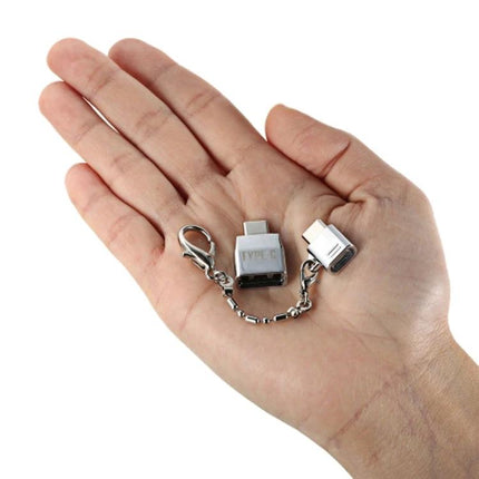 Handy Adapter for Connecting Devices in Everyday Situations – compact Type-C to Micro USB and USB 2.0 adapter on a keychain in palm