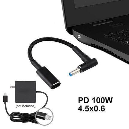 USB-C to 4.5mm Elbow Adapter Cable for HP Charging compact Type-C female adapter cable connecting USB-C charger to HP laptop in tight spaces