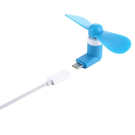 Essential USB to USB-C Adapter for Everyday Device Connections — blue USB-C gadget with fan and USB cable, USB 2.0 male to USB-C female adapter