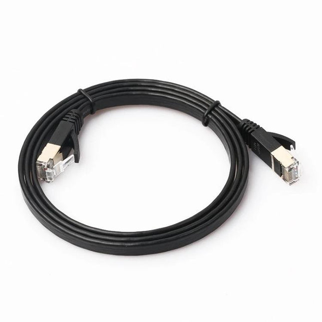 1 Meter CAT7 Flat Ethernet Cable for Home Network Connections - black slim flat RJ45 cable coiled for router to PC
