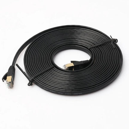 5 Meter CAT7 Flat Ethernet Cable for Network Devices – black flat cable coiled with RJ45 gold-plated connectors, ideal for home office and gaming setups
