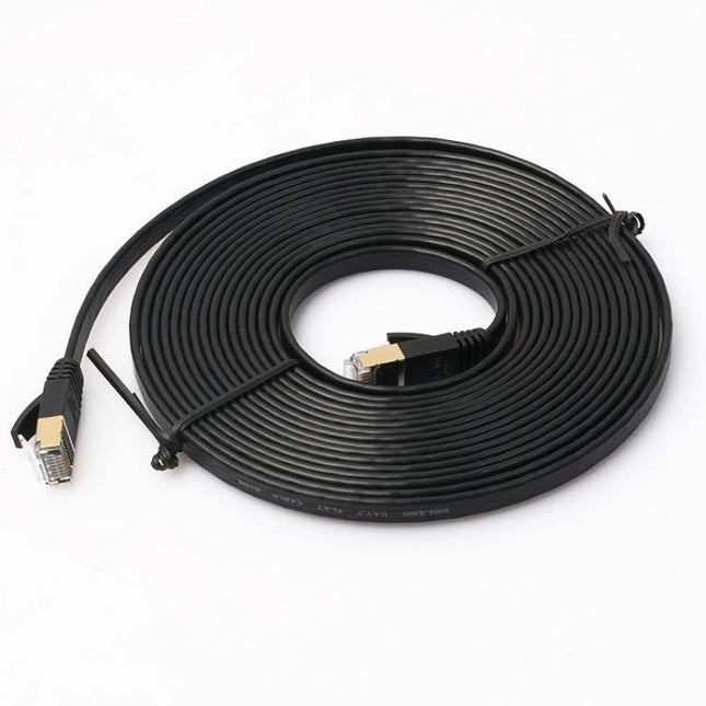 5 Meter CAT7 Flat Ethernet Cable for Network Devices – black flat cable coiled with RJ45 gold-plated connectors, ideal for home office and gaming setups