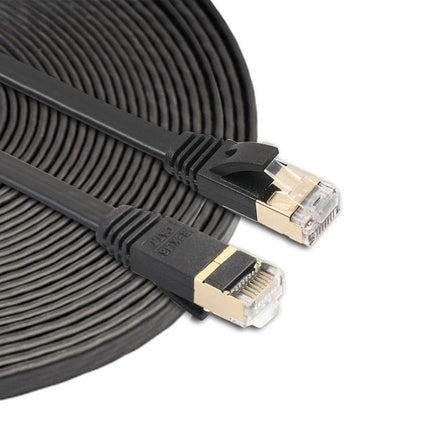 Cat7 10 Meter Flat Ethernet Cable for Home Networking — black flat cable with gold RJ45 connectors coiled for router and smart TV