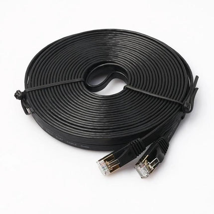 Cat7 10 Meter Flat Ethernet Cable for Home Networking - black flat cable coiled with RJ45 connectors for stable home networking