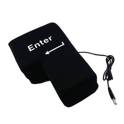 Big Enter Button USB Pillow for Relaxing at Your Desk - Black shown angled with USB cable and Enter arrow visible