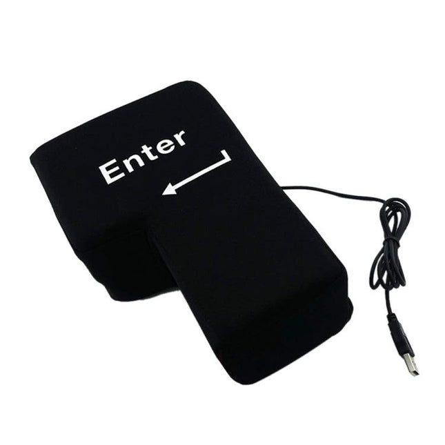 Big Enter Button USB Pillow for Relaxing at Your Desk - Black shown angled with USB cable and Enter arrow visible