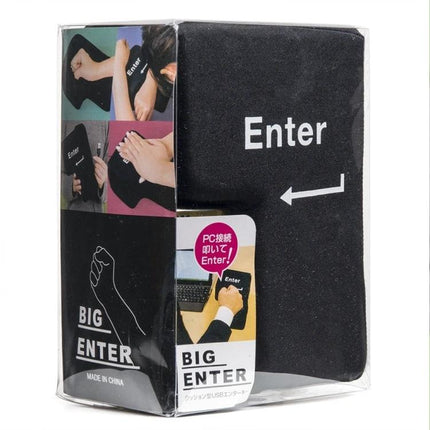 Big Enter Button USB Pillow for Relaxing at Your Desk - Black in retail packaging showing black enter key pillow with arrow and product images