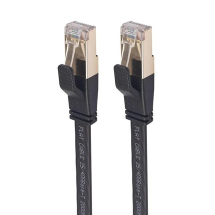 Double Shielded Flat CAT8 Ethernet Cable, 1 Meter Length flat black cable with gold RJ45 connectors for high-speed home or office networking
