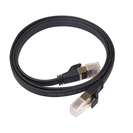 Double Shielded Flat CAT8 Ethernet Cable, 1 Meter Length - black flat 9mm x 3mm cable with RJ45 connectors for home and office networking