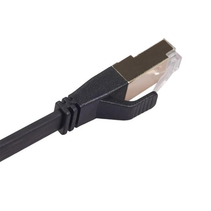 Double Shielded Flat CAT8 Ethernet Cable, 1 Meter Length - black flat RJ45 connector close-up for low-EMI high-speed networking