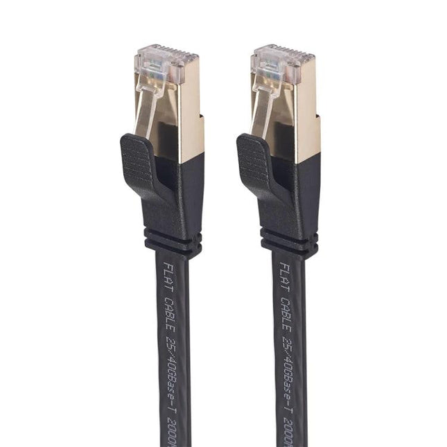 Double Shielded CAT8 Flat Ethernet Cable, 3 Meters Long – black flat SFTP CAT8 cable with gold RJ45 connectors for high-speed wired networking