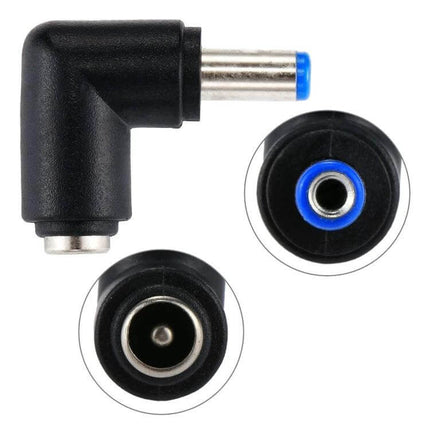 Right Angle Power Adapter for HP Laptops and Notebooks – black 90° DC connector shown from multiple angles, blue-tipped barrel plug