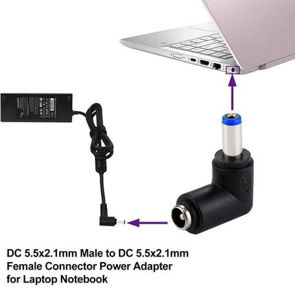 Right Angle Power Adapter for HP Laptops and Notebooks - 90° DC 5.5x2.1mm male to female connector for tight spaces and cable strain relief