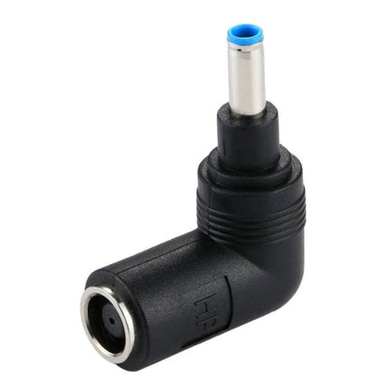 90 Degree Right Angle Power Adapter for HP Laptops and Notebooks showing black L-shaped DC connector with blue-tipped plug