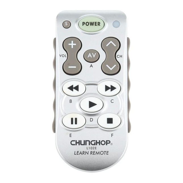 ChungHop Universal Learning Remote for Home Appliances - compact silver universal remote with power, volume, channel and playback buttons