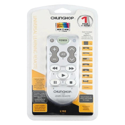 ChungHop Universal Learning Remote for Home Appliances in blister pack showing compact white remote and labeled buttons