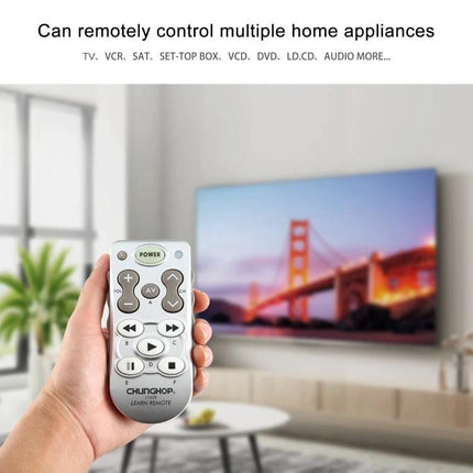 ChungHop Universal Learning Remote for Home Appliances in hand controlling TV in modern living room