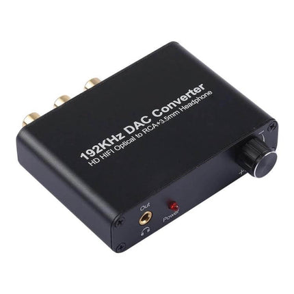 Digital Audio DAC Converter with Optical and Coaxial Inputs black compact DAC box with volume knob and RCA outputs