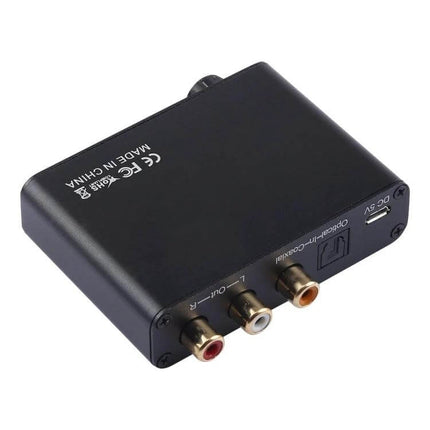 Digital Audio DAC Converter with Optical and Coaxial Inputs compact black unit showing RCA outputs and optical/coaxial ports for home audio setup