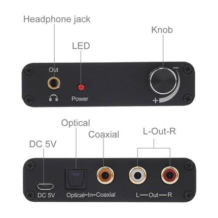 Digital Audio DAC Converter with Optical and Coaxial Inputs front and back panel showing headphone jack, LED, knob, optical, coaxial, RCA outputs
