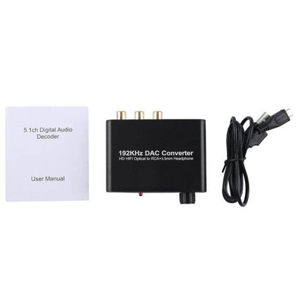 Digital Audio DAC Converter with Optical and Coaxial Inputs black 192kHz DAC box with RCA outputs, power cable and user manual