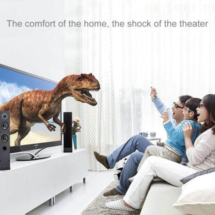 Digital Audio DAC Converter with Optical and Coaxial Inputs connected to home theater showing family watching 3D dinosaur on TV for immersive audio