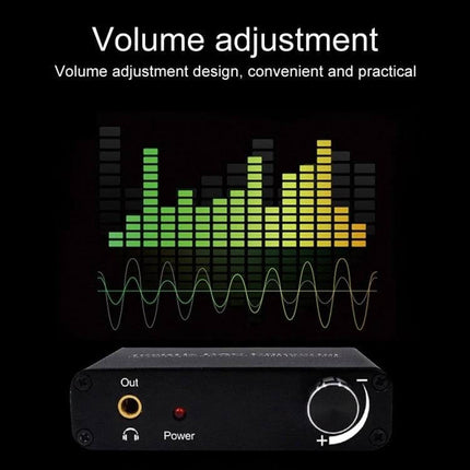 Digital Audio DAC Converter with Optical and Coaxial Inputs compact black unit with volume knob, optical/coaxial input support and LED audio level display