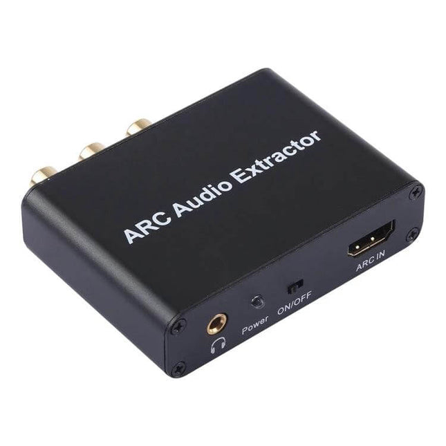 HDMI ARC Audio Extractor Converter for Home Systems black ARC audio extractor box with SPDIF, headphone jack, HDMI ARC IN and RCA outputs