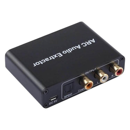 HDMI ARC Audio Extractor Converter for Home Systems black box with SPDIF coaxial and RCA outputs, DC5V port, close-up view