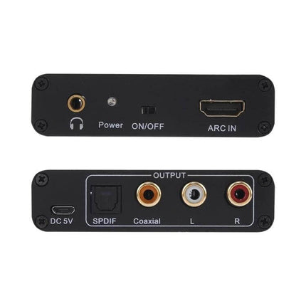 HDMI ARC Audio Extractor Converter for Home Systems front and back panels showing ARC IN, SPDIF, coaxial, L/R, headphone jack and power