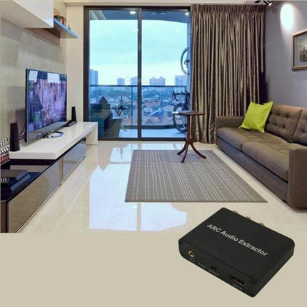 HDMI ARC Audio Extractor Converter for Home Systems connected in modern living room to route TV audio to speakers and soundbar