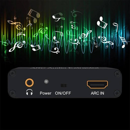 HDMI ARC Audio Extractor Converter for Home Systems showing ARC IN port, headphone jack and power switch with music waveform background