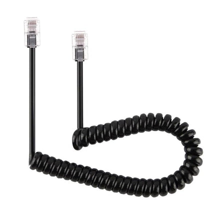 Black 2-Meter Spring Style Coil Telephone Extension Cable with RJ11 male-to-male connectors, coiled black cord for clutter-free phone reach