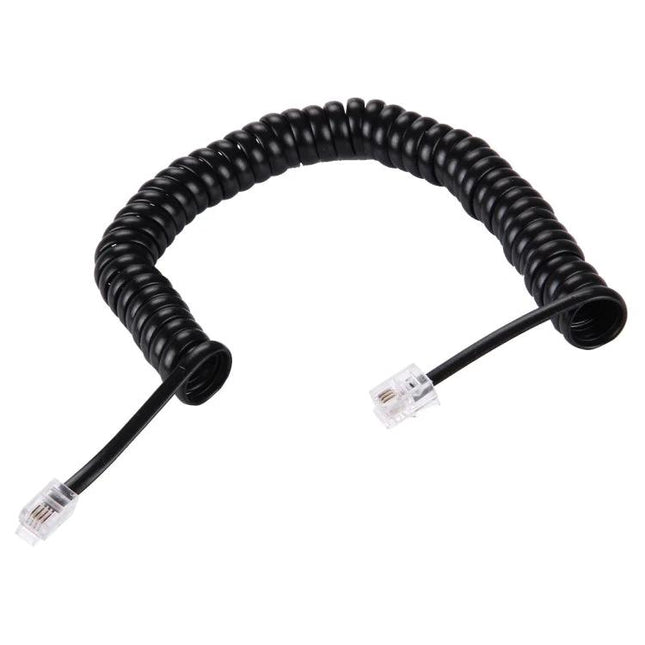 Black 2-Meter Spring Style Coil Telephone Extension Cable stretched coil with RJ11 male-to-male connectors for home office use