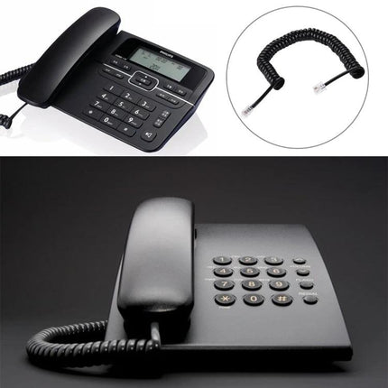Black 2-Meter Spring Style Coil Telephone Extension Cable shown coiled beside black desk phones with RJ11 connectors